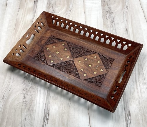 VTG 14.5"x10" Hand Carved Rose Wood TRAY Brass Inlay Leaves Floral India EUC