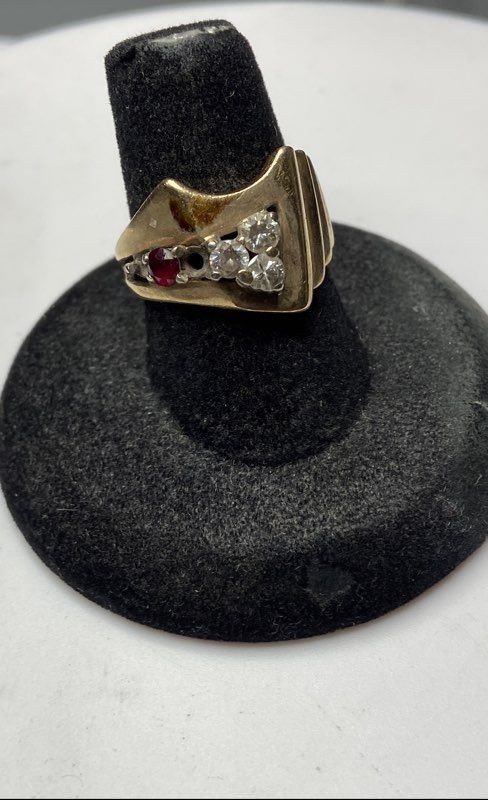 14K Gold Diamond Ruby Modernist Size 6 Ring - image 2
