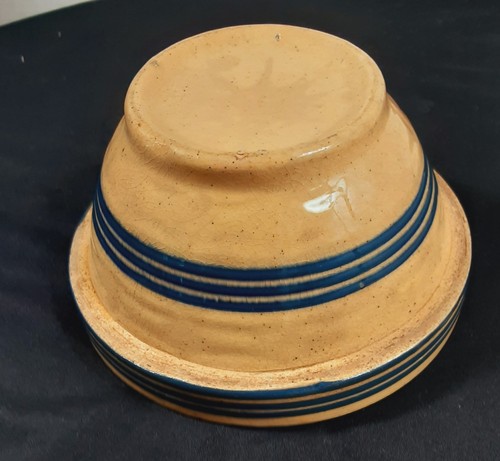 Antique Yellow Ware Bowl Pottery 6" Triple Blue Stripes Bands 1 Qt Rare Small Sz - Picture 6 of 9