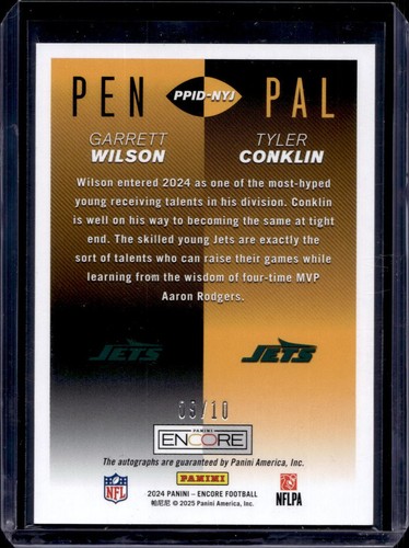 2024 Panini Encore Garrett Wilson Tyler Conklin Pen Pal Dual Auto /10 Jets 6 - Picture 2 of 2