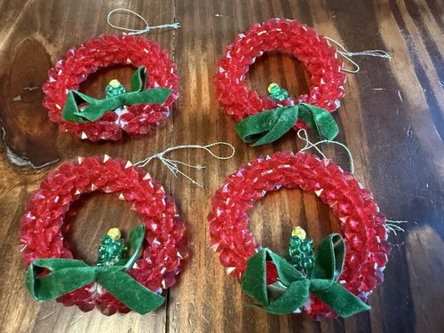 Vintage Beaded Ornament Wreath w/Candle Christmas Tree Ornament Set Of 4 - Picture 1 of 3
