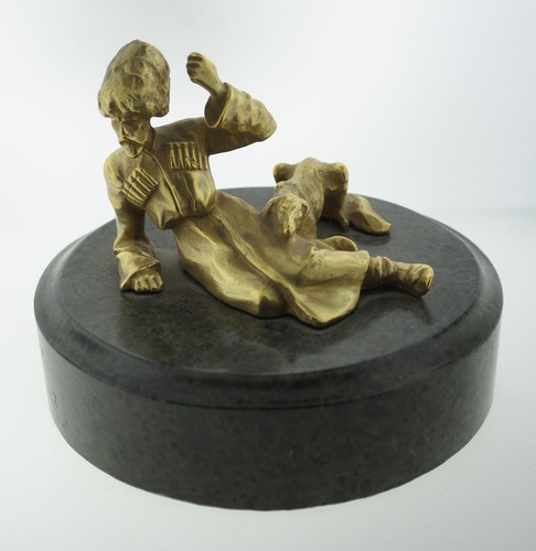 RUSSIAN KAZAK WITH A DOG MARBLE BRONZE GOLD OVERLAY C1930 STATUE DECOR HOME - Picture 4 of 9