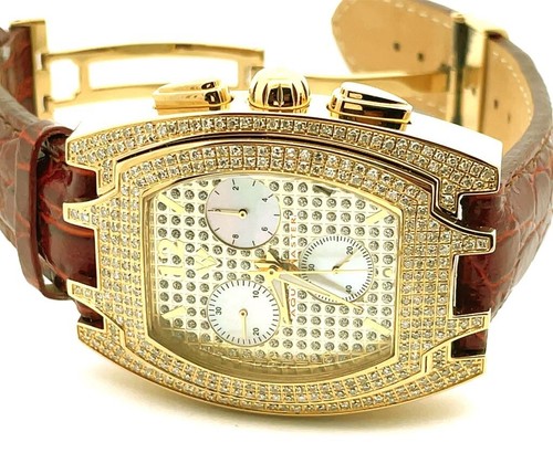 Aqua Master Men's  Golden Dial Burgundy Leather Band 3.5ct Diamond Watch #W35 - Picture 6 of 9