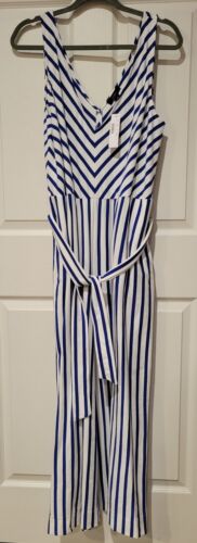 NWT J Crew V-Neck Wide Leg Belted Jumpsuit Royal Blue White Stripe Sz 16 Resort - Picture 3 of 6