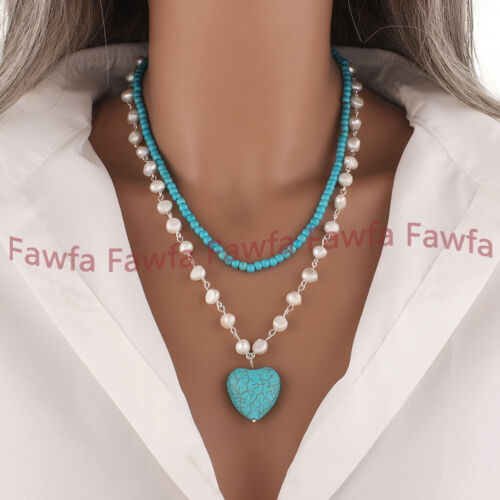 2 Row Natural White Baroque Pearl 4mm Blue Turquoise Gems Beads Pendant Necklace - Picture 2 of 5