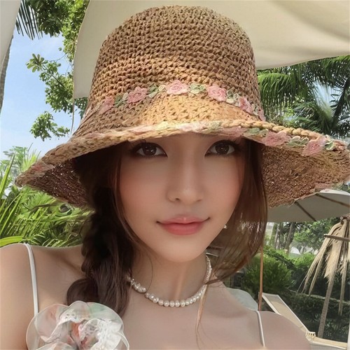 Sun Hat for Womens Summer Beach Outdoor Straw Hat Bucket Hat with Flower Decor - Picture 5 of 16