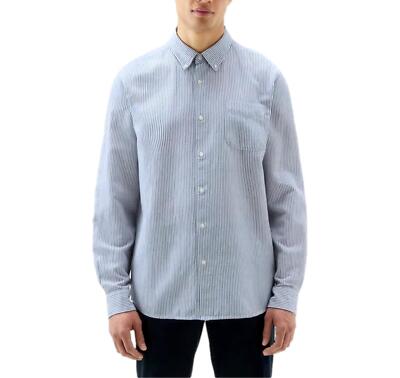 Woolrich Men's Button Down Shirt Cotton Linen Blend Blue Stripe | eBay