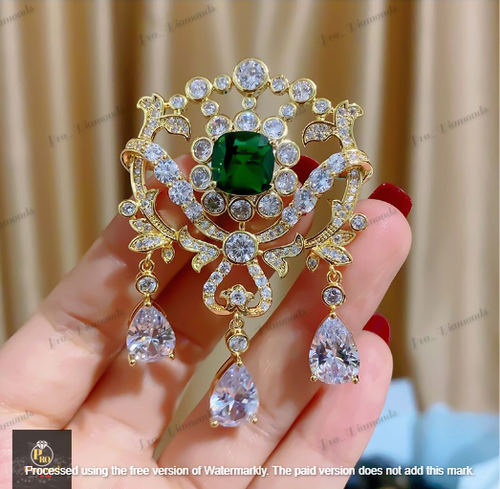 3Ct Cushion Cut Lab-Created Green Emerald Art Deco Brooch 14K Yellow Gold Plated - Picture 2 of 6