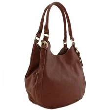 Lightweight 3 Compartment Faux Leather Medium Hobo Bag Coffee