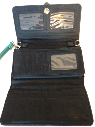 Western Decorative Wristlet Trifold Wallet Buckle Studs Teal Inlay Black - Picture 7 of 9