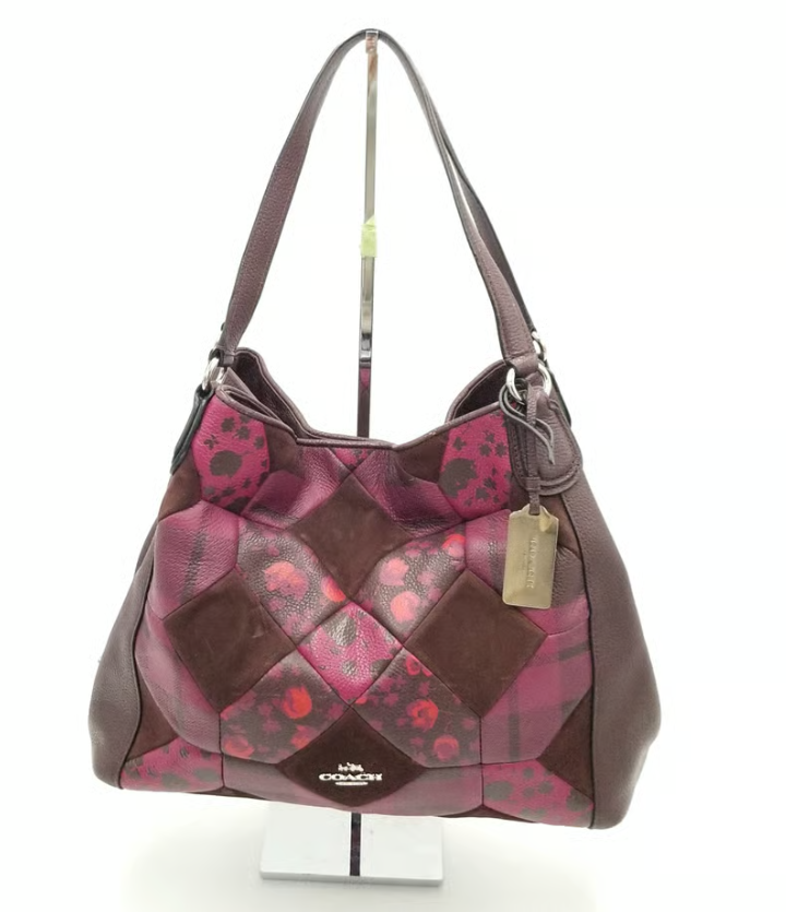 Coach Oxblood Patchwork Floral Print Edie Turn Lock Leather