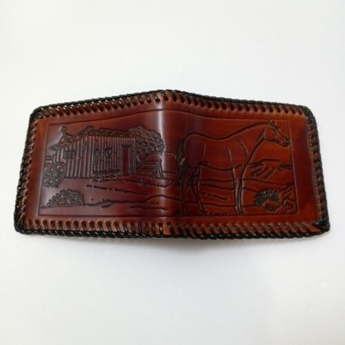 Handmade Mens Bifold Leather Wallet Brown Stitched Tooled Western Horse & Barn - Picture 3 of 7