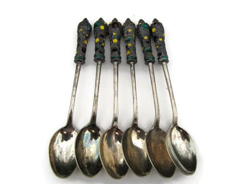 Vintage Cloisonné Silber Demitasse kleine Löffel 6er Set RAR mehrfarbig Emaille  - Bild 1 von 7