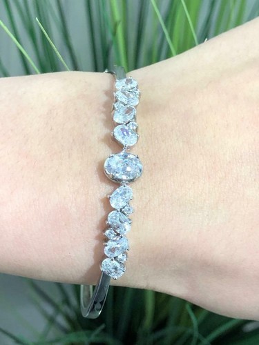 Brazalete Brazalete Pila Platino Plata Esterlina Corte Ovalado Zafiro Blanco 7" L Regalo - Imagen 4 de 12