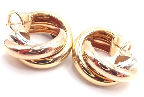 Authentic! Cartier 18k Tri-Color Gold Medium Size Trinity Hoop Earrings - Picture 7 of 11