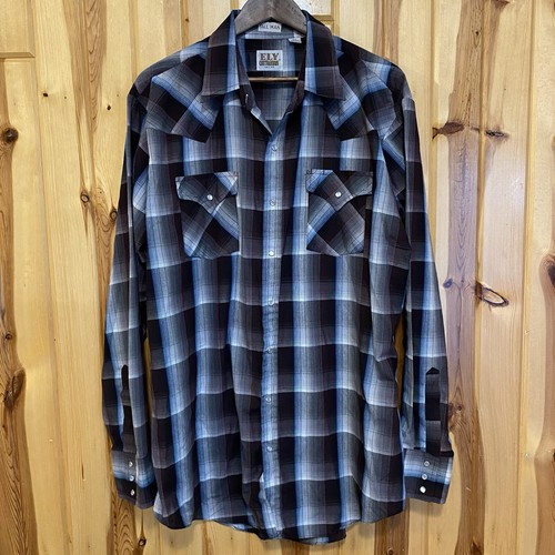 Ely Cattleman Pearl Snap Button Down Shirt Men's Size XLT Brown Plaid Western