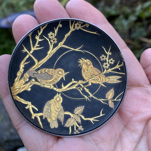 Vintage Damascene Toledo Ware Small Footed Trinket Dish Birds Black Gold