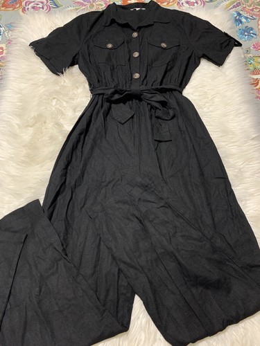 J Gee Women's Linen Blend Jumpsuit Black Tie Waist Button Up Short Sleeve Large