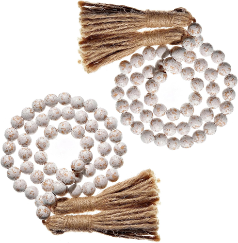 Farmhouse Wood Bead Garland Set of 2 with Tassels - Decorative Home Boho Beads - Picture 12 of 12