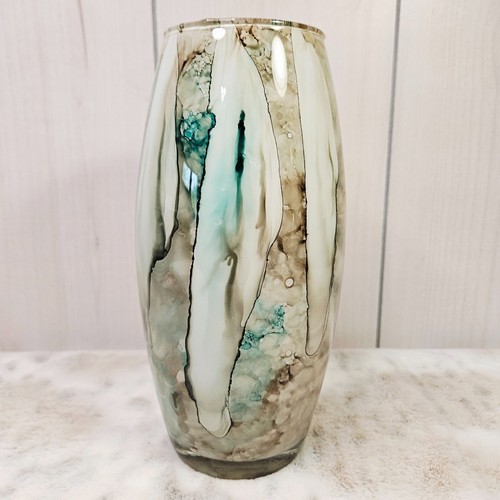 10.25" Tall Glass Vase Decoration Browns Creams Turquoise Drip Flow Design Decor - Picture 6 of 11