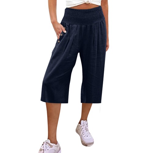 Women's Smocked Waist Loose Fit Cotton Linen Solid Pants Cropped Capri Pants - Picture 15 of 77