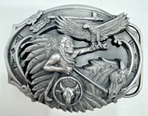 VTG Metal Belt Buckle American Indian Chief Eagle Feather 1989 AG10 Made in USA - Picture 10 of 10