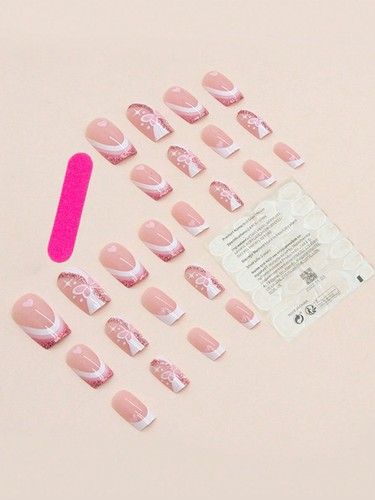 24pcs Long Square Pink Butterfly Print Fake Nail False Nails Press On Nails Glue - Picture 3 of 6