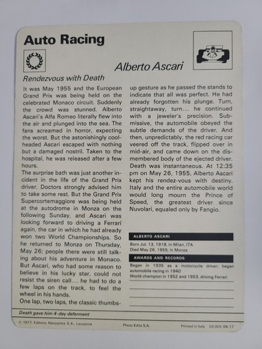 Vintage 1977 Sportscaster Info Photo Sports Card Auto Racing Alberto Ascari - Picture 2 of 2