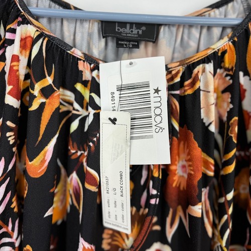 Belldini Womens Large Pullover Peasant Top Black Orange Floral Print - Picture 5 of 10