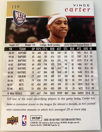 2008-09 Upper Deck First Edition GOLD Vince Carter #119 New Jersey Card! D63 - Picture 2 of 2