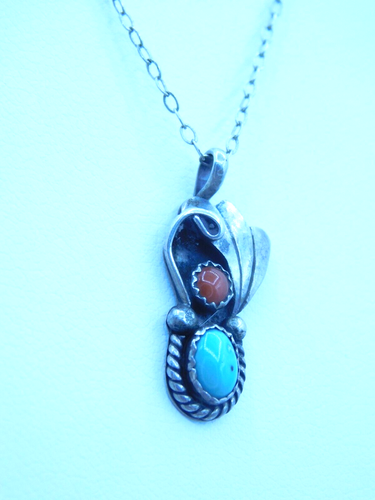 Native American Sterling 925 Türkis Koralle Anhänger Halskette signiert Navajo - Bild 3 von 6