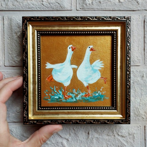 Pintura de Gansos Blancos Original Miniatura Ganso Obra de Arte Pájaro Imagen Dorada ENMARCADA - Imagen 3 de 10