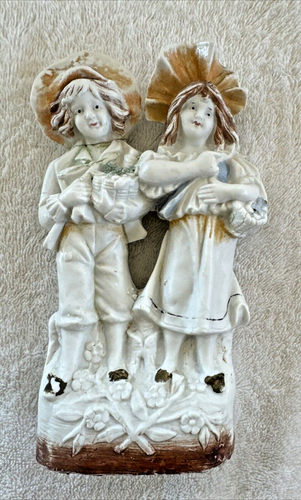 Ancienne figurine allemande en porcelaine biscuit garçon et fille avec panier de fleurs 1903 - Photo 14/18