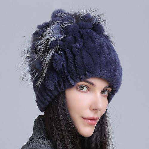 Sombrero de piel de conejo Rex real para mujer invierno cálido tejido elástico gorro gorra al aire libre - Imagen 46 de 60