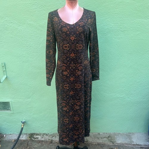 Peruvian Connection Dynasty Floral Dress Long Sleeve Black Brown Casual M