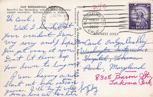 POSTCARD San Bernardino, CA Palm Trees, Snow-capped Mountains, Railroad Depot - Picture 2 of 2