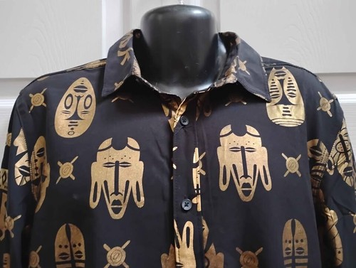 Drill Herren M Cocktail Party Shirt schwarz gold afrikanische Stammesmasken Druck Neu mit Etikett - Bild 15 von 19