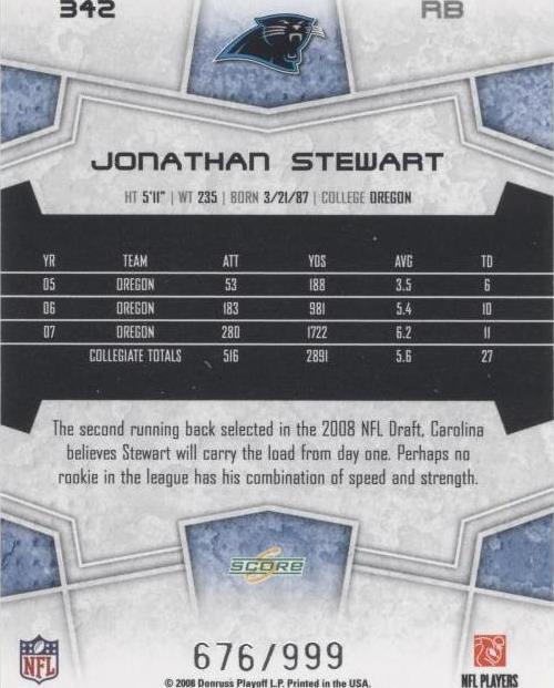 2008 Score Select Jonathan Stewart #342