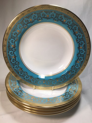 (6) Aynsley 'Kenilworth' Turquoise & Gold Encrusted 9.375 Inch RIMMED SOUP BOWLS - Picture 9 of 12