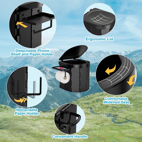 20L Portable Folding Camping Toilet with Lid and Retractable Toilet Paper Holder - Picture 5 of 28