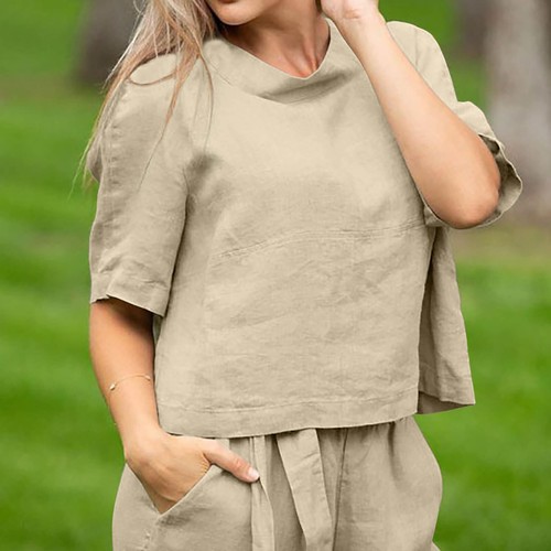 Women's Cotton And Linen Outfits Set Short Sleeve Loose Tops with Wide Leg Pants - Picture 14 of 38