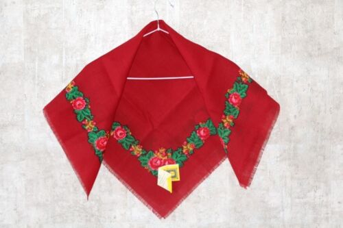 Red wool shawl with floral Vintage bohemian scarf Ukrainian Fashion scarf USSR - Picture 1 of 14