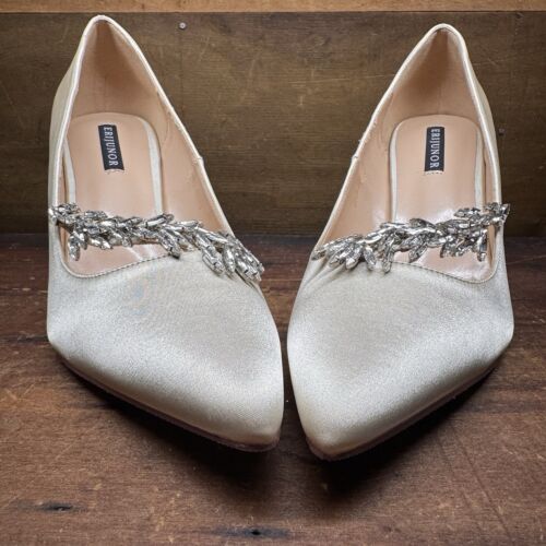 ERIJUNOR Champagne Satin Crystal Sash Pointed Toe Pump Mid Heel Shoes US 10 NWOB - Picture 3 of 24