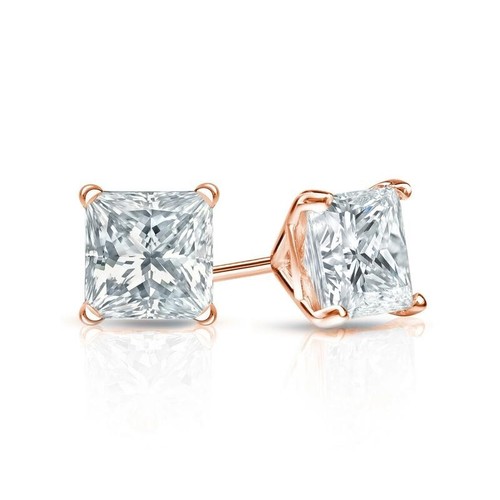 14k Rose Gold 3/4Ct Solitaire Princess Created White Diamond (G-H, I1) Earrings - Bild 1 von 5