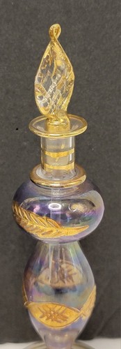 2 Vintage Egyptian Etched Gold Gilded Blown Blue Glass Perfume Bottles Stopper - Picture 6 of 10