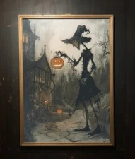 Whimsy Halloween Witch Drawing, Printable Wall Art, Moody Whims