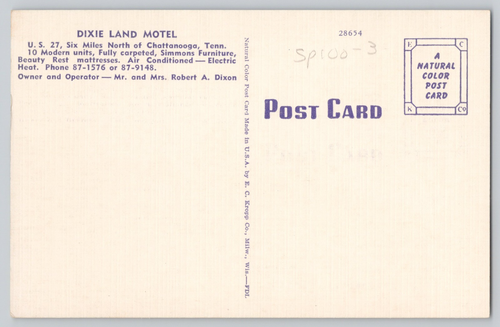 Postkarte CHATTANOOGA, Tennessee DIXIE LAND MOTEL Highway 27 - Bild 2 von 3