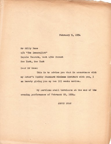 Letter from James Dean Terminating His Contract so He can Work on East of Eden - Picture 2 of 2