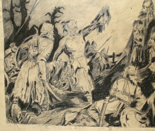 Vintage pencil painting battle scene - Picture 7 of 12