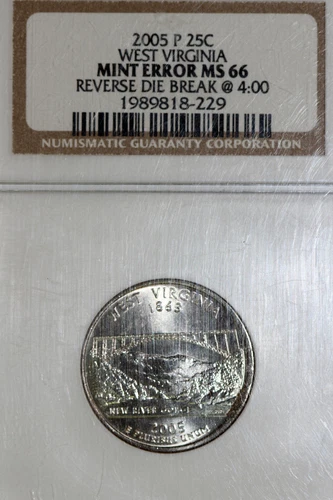 NGC 2005 P MS 66 West Virginia Mint Error Reverse Die Break Quarter 1989818-229